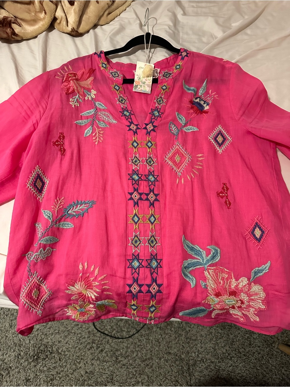 Johnny Was Hot Pink Embroidered V-Neck Tunic